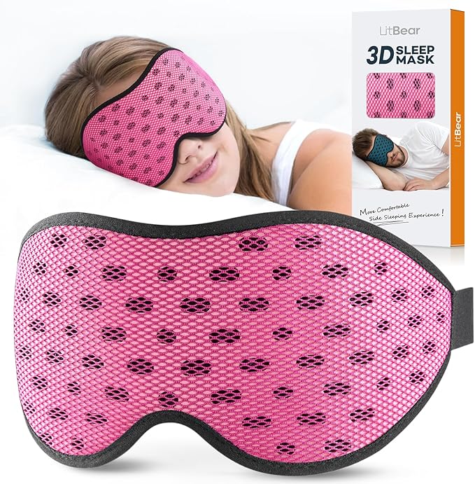 LitBear Breathable Sleep Mask, 3D Eye Mak Sleep for Side Sleepers Women Men, Light Blocking Sleeping Mask with Adjustable Strap, Soft Lightweight Eye Cover for Travel, Night Work, Nap, Office - Pink-BrightBean Baby