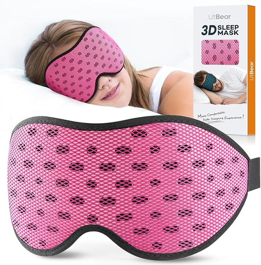 LitBear Breathable Sleep Mask, 3D Eye Mak Sleep for Side Sleepers Women Men, Light Blocking Sleeping Mask with Adjustable Strap, Soft Lightweight Eye Cover for Travel, Night Work, Nap, Office - Pink-BrightBean Baby