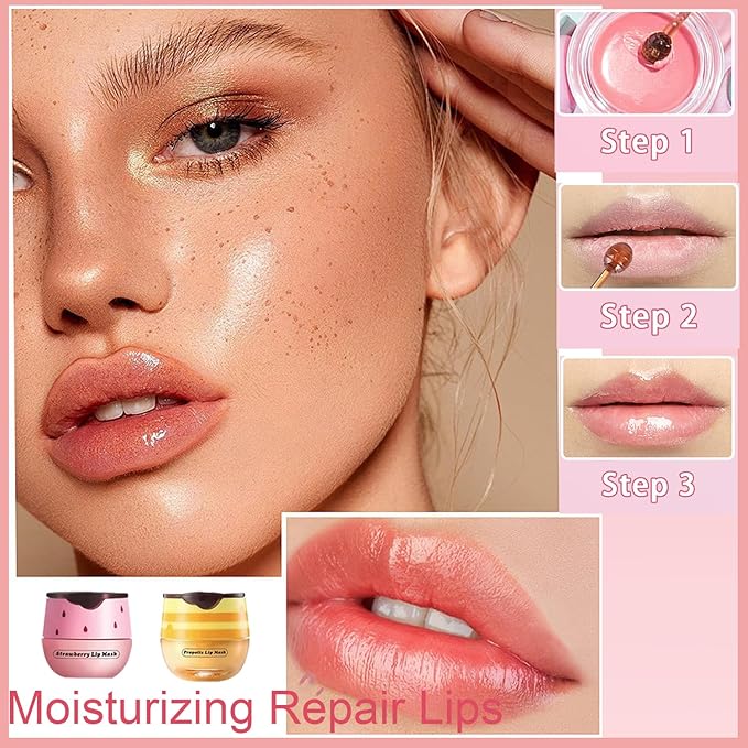 2 PCS Bee Lip Balm Honey Pot, Honey Strawberry Bee Lip Balm Sleeping Lip Mask Overnight with Sticks, Honey Pot Lip Balm Hydrating Exfoliating Prevention Dry and Crack Lip Scrubs-BrightBean Baby
