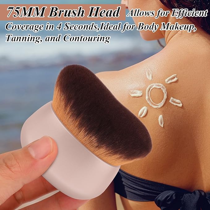 75MM Extra Large Self Tanner Kabuki Makeup Brush – Ultra Soft Dense Vegan Bristles for Body Makeup, Bronzer & Foundation–Applies Tanning Mousse, Lotion & Self Tanner–Khaki, Wet & Dry-BrightBean Baby
