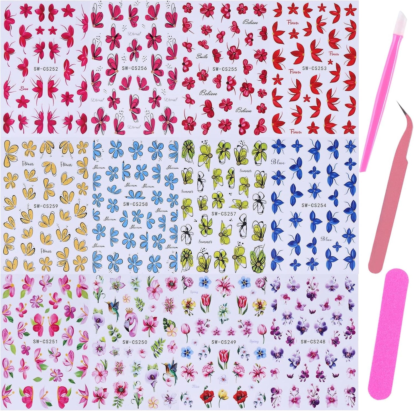 Flower Petal Nail Art Sticker 12 PCS Simple French Floral Nail Decals Lily Orchid Leaves Flamingo Designs with Tweezers Hot Pink Blue Purple Green Flower Sliders Nail Art Decoration DIY Accessories-BrightBean Baby