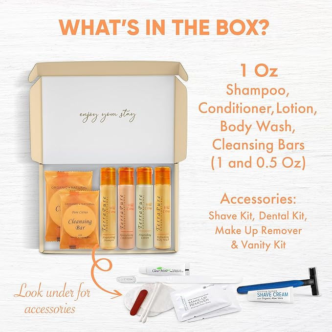 Terra Pure Amenity & Accessory Kit |1 oz Travel Size Shampoo, Conditioner, Lotion, Body Wash, 2 Cleansing Bars, Shave & Dental Sets, Make-Up Remover Wipes, & Vanity Kit | 1 set per case-BrightBean Baby