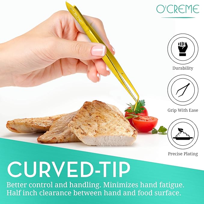 O'Creme Gold Stainless Steel Precision Kitchen Culinary Fine-Tip Tweezer Tongs, 1 Curved and 1 Straight