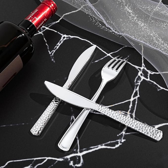 300Pieces Silver Plastic Silverware - Hammered Disposable Utensils - Heavy Duty Plastic Cutlery Set Includes 100 Forks, 100 Spoons, 100 Knives for Dinner Parties Weddings