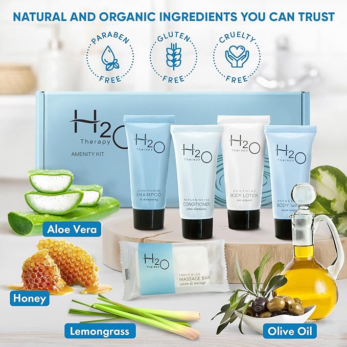 H2O Therapy Amenity Kit | Boxed Hotel Toiletries | Bulk Set 0.85 oz Travel Size Shampoo, Conditioner, Lotion, Body Wash & Body Bar Soap for Guest Hospitality AirBnB/Vacation Rentals | 1 set per case-BrightBean Baby