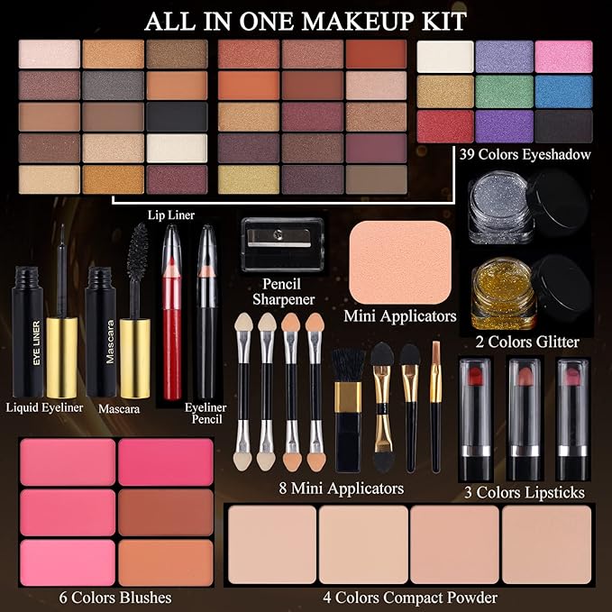 Professional Makeup Kit for Women Girls Full Kit with Mirror 58 Colors All in One Make up Gift Set Included Eyeshadow,Compact Powder,Blusher,Lipstick,Eyebrow Pencil,Gitter Gel,Eyeliner,Mascara (Y)-BrightBean Baby