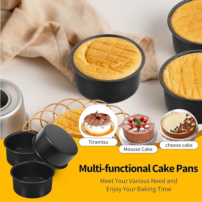 P&P CHEF 4 Inch Cake Pan Set of 3, Non-Stick Round Cake Pans Tins for Tier Smash Cakes, Baking Pans Set & Essential Bakeware, Stainless Steel Core & Leak-Proof