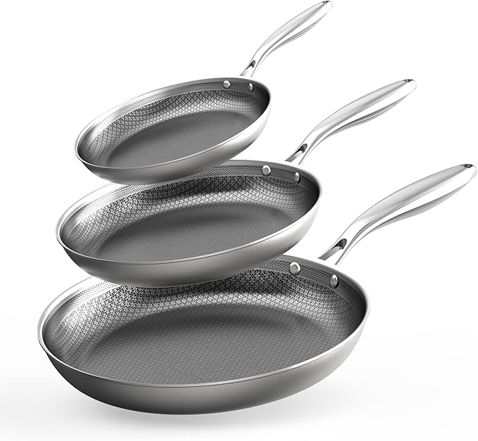 COOKER KING Non-toxic Frying Pans Set of 3 - Tri Ply Stainless Steel 8+10+12 Inch