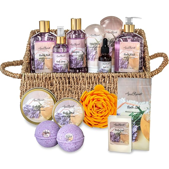 Bath Spa Gift Sets - Luxury Basket With Honey & Lavender - Spa Kit Includes Wash, Bubble Bath, Lotion, Bath Salts, Body Scrub, Body Spray, Shower Puff, Bathbombs, Soap and Towel-BrightBean Baby