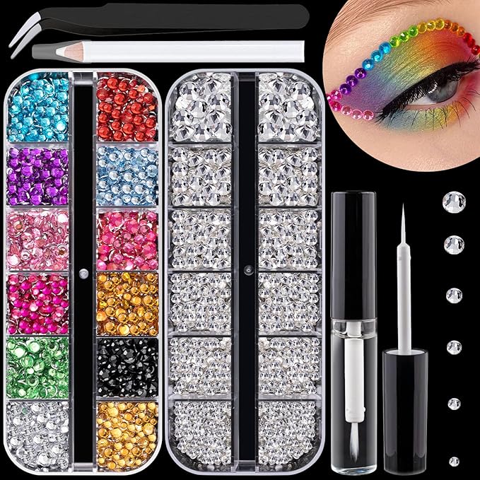 Flat Back Rhinestone Kits Colorful Rhinestones+Transparent White Gems With Quick Dry Makeup Glue+Picker Pencil+Tweezer For Nail Art And Face Make-up-BrightBean Baby