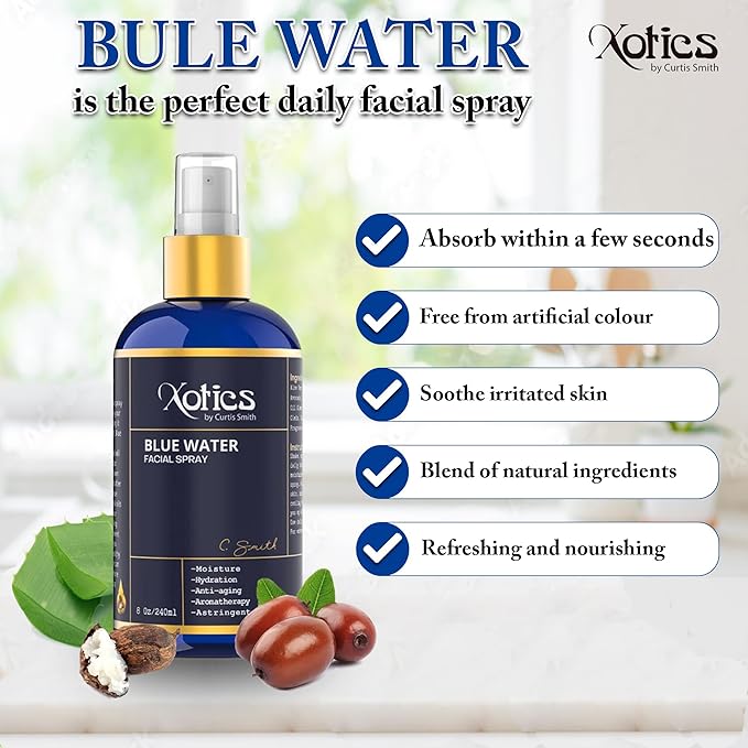 Xotics Blue Water Facial Spray - 8oz - Hydrating Face Mist with Aloe Vera - Refreshing Toner for Men & Women, Aftershave, Daily Moisturizing Splash for All Skin Types-BrightBean Baby