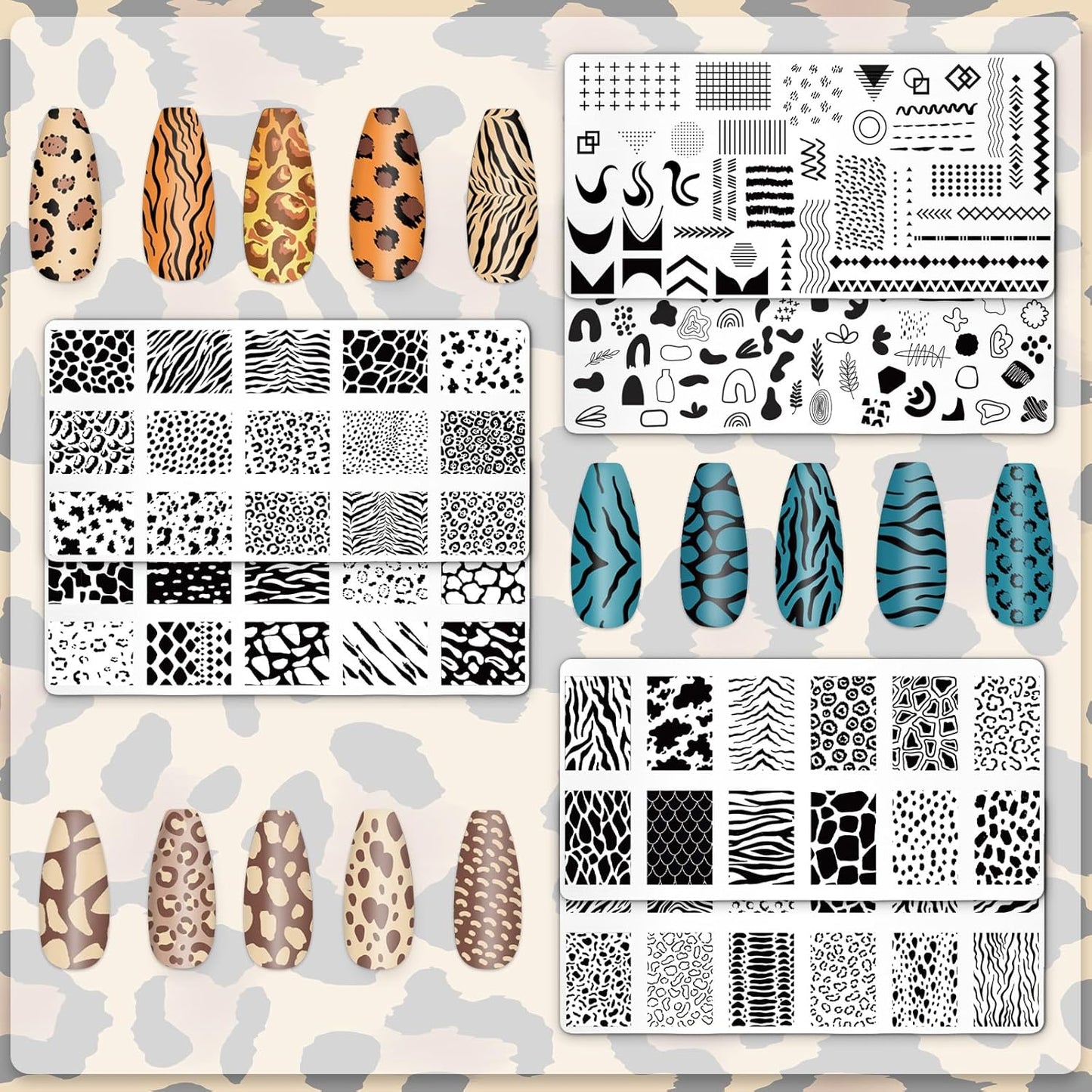 Whaline 6Pcs Animal Print Nail Plates Stamping Set Leopard Print Stamp Templates Nail Art Plates for DIY Print Manicure Salon Design Gift-BrightBean Baby