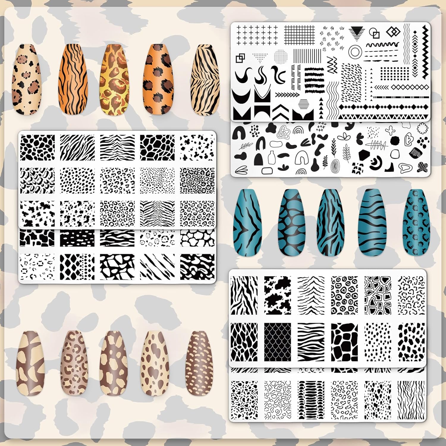 Whaline 6Pcs Animal Print Nail Plates Stamping Set Leopard Print Stamp Templates Nail Art Plates for DIY Print Manicure Salon Design Gift-BrightBean Baby