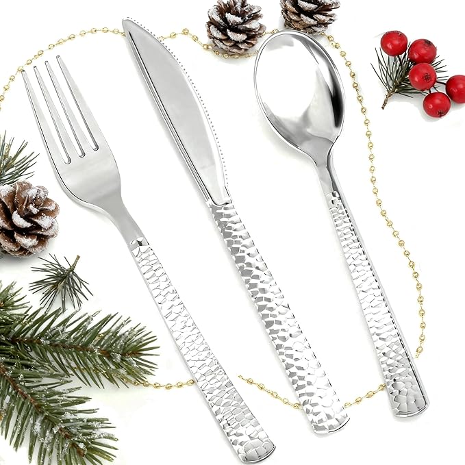 300Pieces Silver Plastic Silverware - Hammered Disposable Utensils - Heavy Duty Plastic Cutlery Set Includes 100 Forks, 100 Spoons, 100 Knives for Dinner Parties Weddings