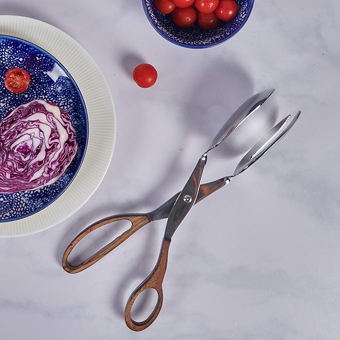 Folkulture Salad Tongs for Cooking | 11.5" Heat Resistant Kitchen Tongs, Salad Server or Metal Serving Utensil | Stainless Steel Cooking Accessory for Home, Buffet & BBQ | Wooden