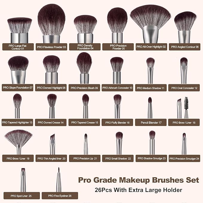 Bueart Design 26 Pcs Chocolate-colored Gift Makeup Brushes Set with Extra Large Holder,Elegant Make up Brushes for Foundation,Face Blending Powder, Contour, Highlight, Concealer, Eyeshadow-BrightBean Baby