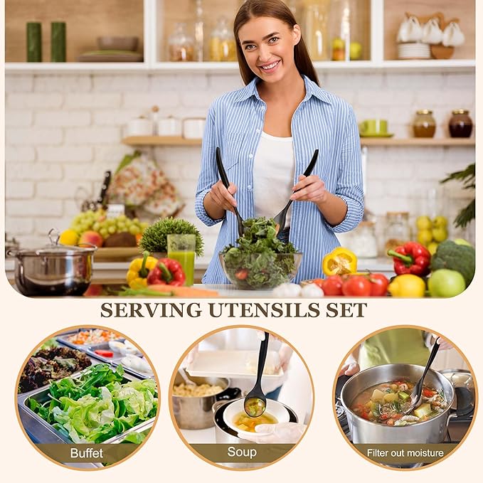 Mwellewm 48 Pcs Serving Spoons 10'' Large Plastic Serving Utensils Set Slotted Disposable Serving Forks Heavy Duty Black Party Supplies for Buffet Restaurant Dinner Salad Noodles Soup