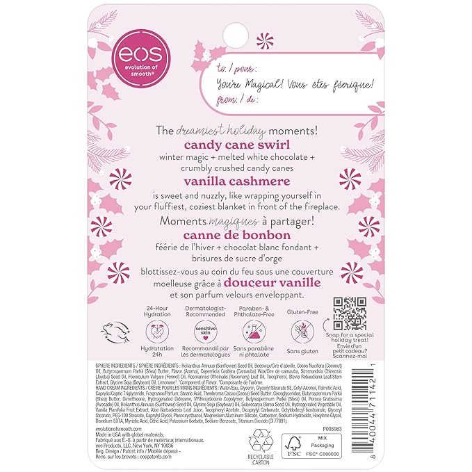 EOS Limited Edition Holiday Collection- Candy Cane Swirl Lip Balm & Vanilla Cashmere Hand Cream, 24-Hour Hydration, 2-Pack, Clear-BrightBean Baby