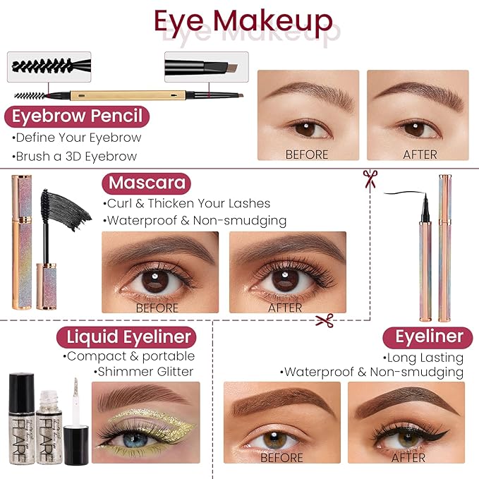 Makeup Kit for Women Full Kit, Travel Makeup Kit, Makeup Gift Set for Teens Girls Beginners Professionals, Makeup Bundle Include 2 Matte & Glitter Eyeshadow Palettes, Lip Gloss Set-BrightBean Baby