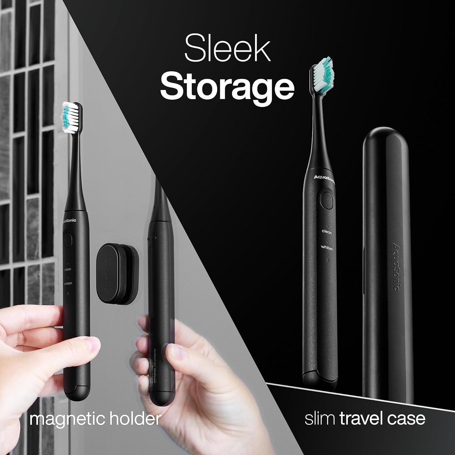 Aquasonic Icon ADA-Accepted Rechargeable Toothbrush | Magnetic Holder & Slim Travel Case | 2 Brushing Modes & Smart Timers | Gentle Micro-Vibrations(Onyx)-BrightBean Baby