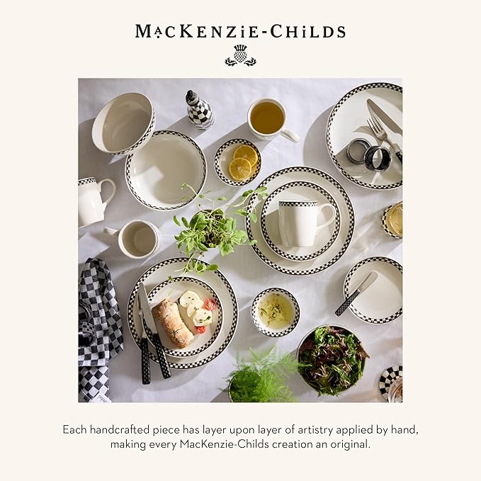 MACKENZIE-CHILDS Set of 4 Everyday Pasta Bowls, Microwave-Safe and Dishwasher-Safe Stoneware Bowls, Black-and-White Courtly Check