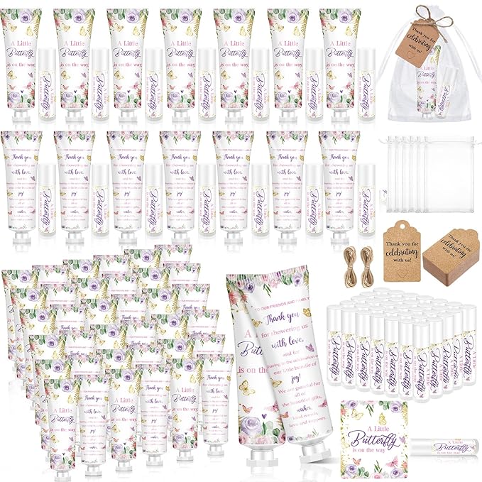 50 Sets 200 Pcs Baby Shower Hand Lotion and Lip Balm Gift Theme Baby Shower Party Favors Travel Size Hand Lotion and Lip Balm Bulk with Organza Bags Tags(Butterfly)-BrightBean Baby