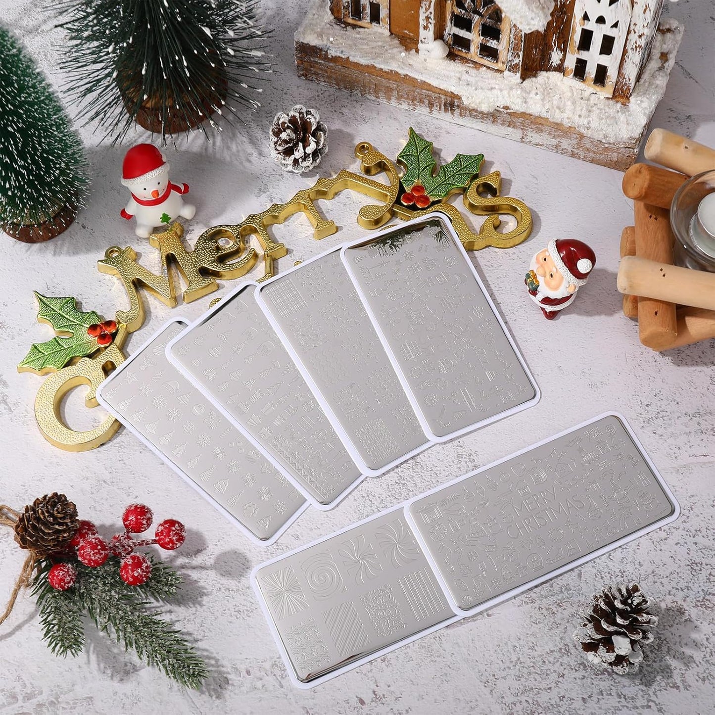 Whaline 6Pcs Christmas Nail Plates Stamping Set Xmas Tree Snowflake Snowman Stamp Templates Nail Art Plates for Winter DIY Print Manicure Salon Design Gift-BrightBean Baby