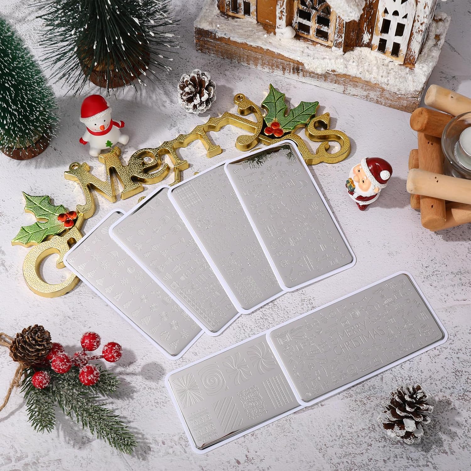 Whaline 6Pcs Christmas Nail Plates Stamping Set Xmas Tree Snowflake Snowman Stamp Templates Nail Art Plates for Winter DIY Print Manicure Salon Design Gift-BrightBean Baby