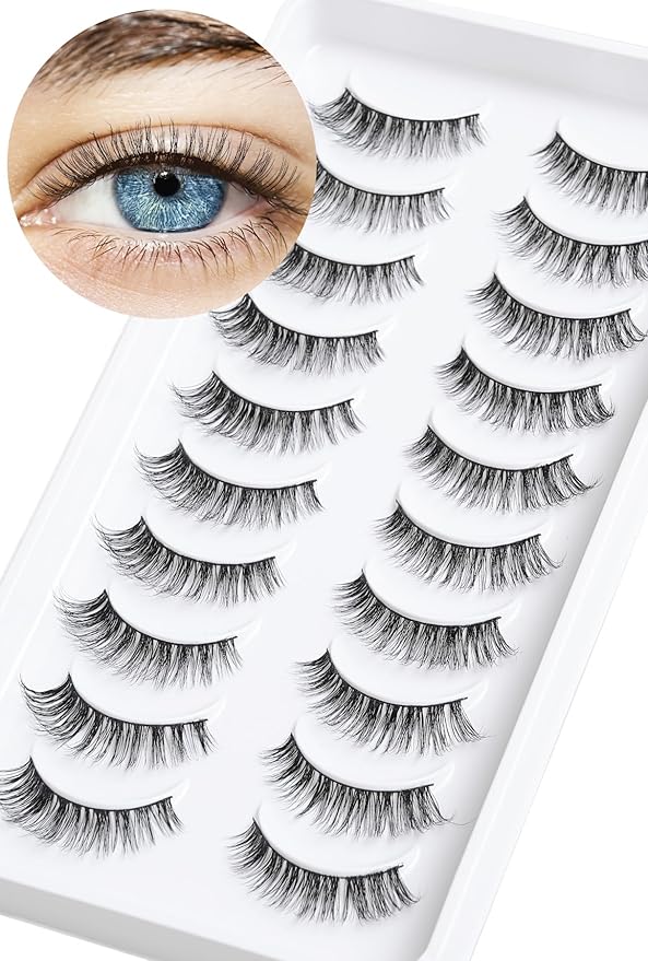 Lashes Wispy False Eyelashes Cat Eye Lashes Natural Look 3D Volume Fake Eyelashes Thin Band Lashes 12mm Natural Eye Lashes C Curl Siligli Lashes Pack 10 Pair-BrightBean Baby