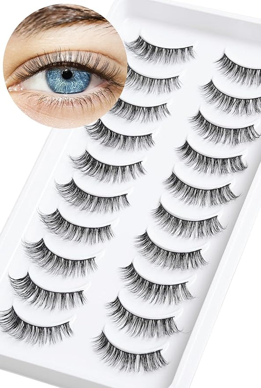 Lashes Wispy False Eyelashes Cat Eye Lashes Natural Look 3D Volume Fake Eyelashes Thin Band Lashes 12mm Natural Eye Lashes C Curl Siligli Lashes Pack 10 Pair-BrightBean Baby