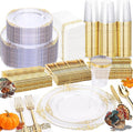 Nervure 350PCS Clear Gold Plastic Plates - Gold Plastic Dinnerware Sets for 50 Guests - 100 Disposable Plates, 150 Silverware, 50 Cups, 50 Napkins for Wedding & Party & Thanksgiving