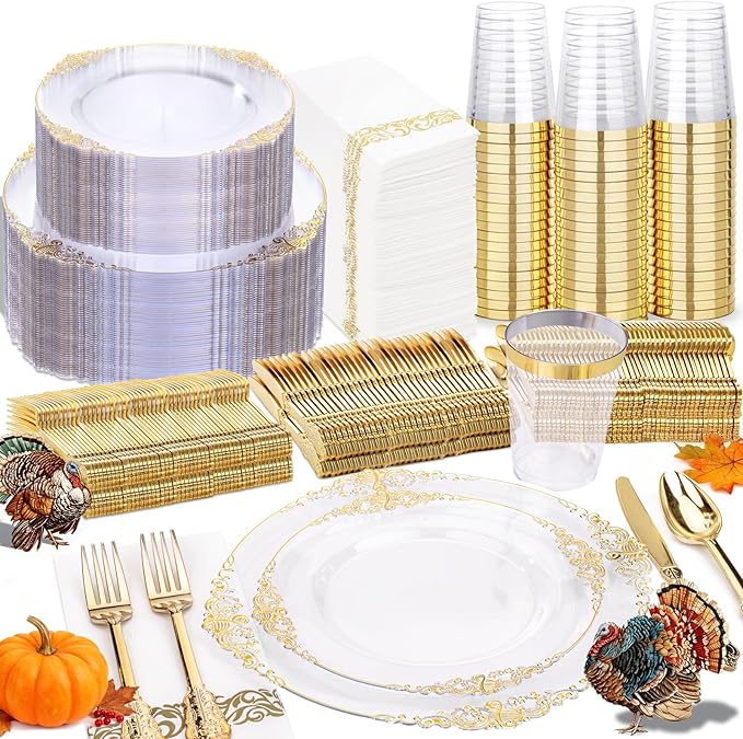 Nervure 350PCS Clear Gold Plastic Plates - Gold Plastic Dinnerware Sets for 50 Guests - 100 Disposable Plates, 150 Silverware, 50 Cups, 50 Napkins for Wedding & Party & Thanksgiving