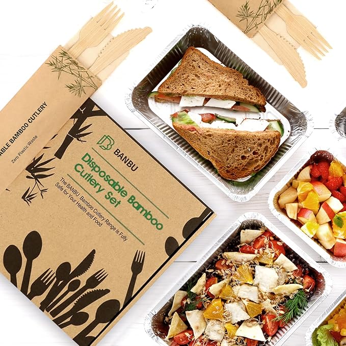 Bamboo Utensils - 70 Pack Individually Wrapped (6.7" 70 Forks 70 Knives 70 Napkins) Bamboo Cutlery Travel Set Disposable Compostable Biodegradable Fork Knife with Napkin for Camping/Wedding