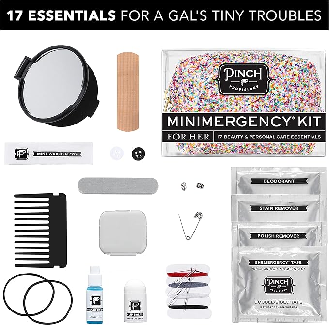 Pinch Provisions Funfetti Minimergency Kit, includes 17 Travel-Sized Cosmetic Essentials, Convenient for Purses, Emergency Beauty Accessories, Gifts for Holiday’s & Birthday’s-BrightBean Baby