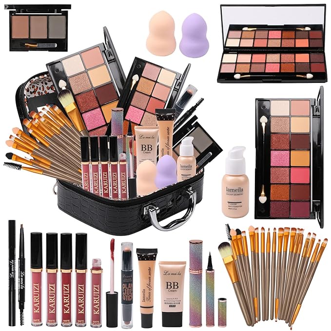 All in One Makeup Kit Full Kit Multipurpose Essential with Eyeshadow Palette,Lip Gloss,Foundation,Mascara,Eyebrow Pencil,Eyeliner,Contour Stick,Makeup Brushes,Cosmetic Bag Makeup Set for Women (DA112)-BrightBean Baby