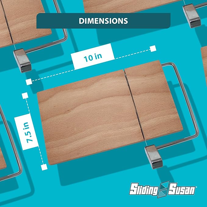 SlidingSusan Cheese Cutting Board - 11” Beech Wood with Silver Stainless Steel Slicer - Charcuterie Block for Hard & Soft Cheeses, Butter, Meat – Heavy Duty Handheld Kitchen Tool