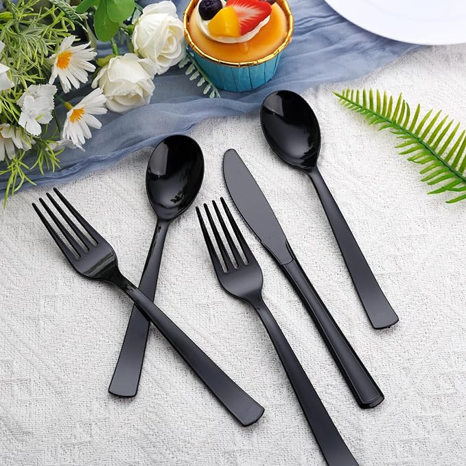 EI 360pcs Black Plastic Silverware,Disposable Cutlery,Plastic Silverware Heavy Duty,Plastic Spoons and Forks include 120pcs Forks,120pcs Spoons and 120pcs Knives,for Holiday, Birthday, Party