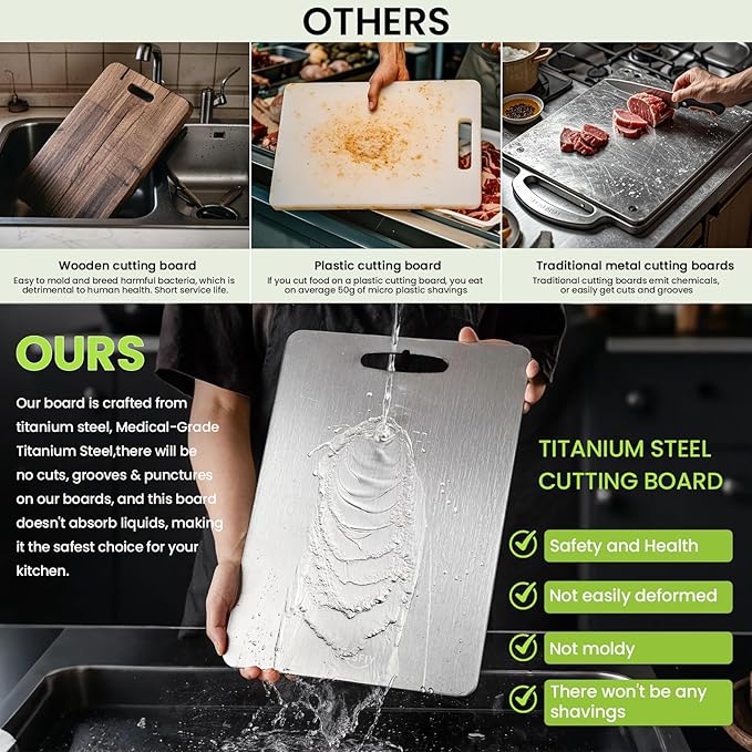 New Titanium Cutting Board-100% Pure Titanium Cutting Boards For Kitche,Easy to clean, Double-sided food-grade Cutting Board For Meats, Fruits And Vegetables (15 * 11)