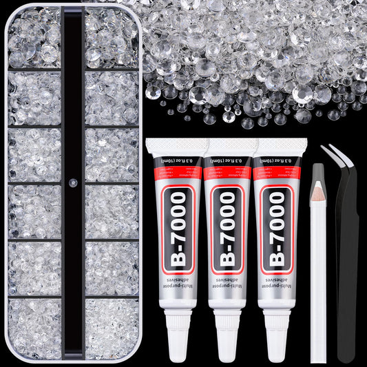 6000Pcs Resin Rhinestones for Bedazzling with 3Pcs B7000 Jewelry Glue, 1 Box Transparent Flatback Rhinestones for Crafting Crafts DIY, Crystals Gems for Clothing Shoes Tumblers Nail Art Makeup-BrightBean Baby