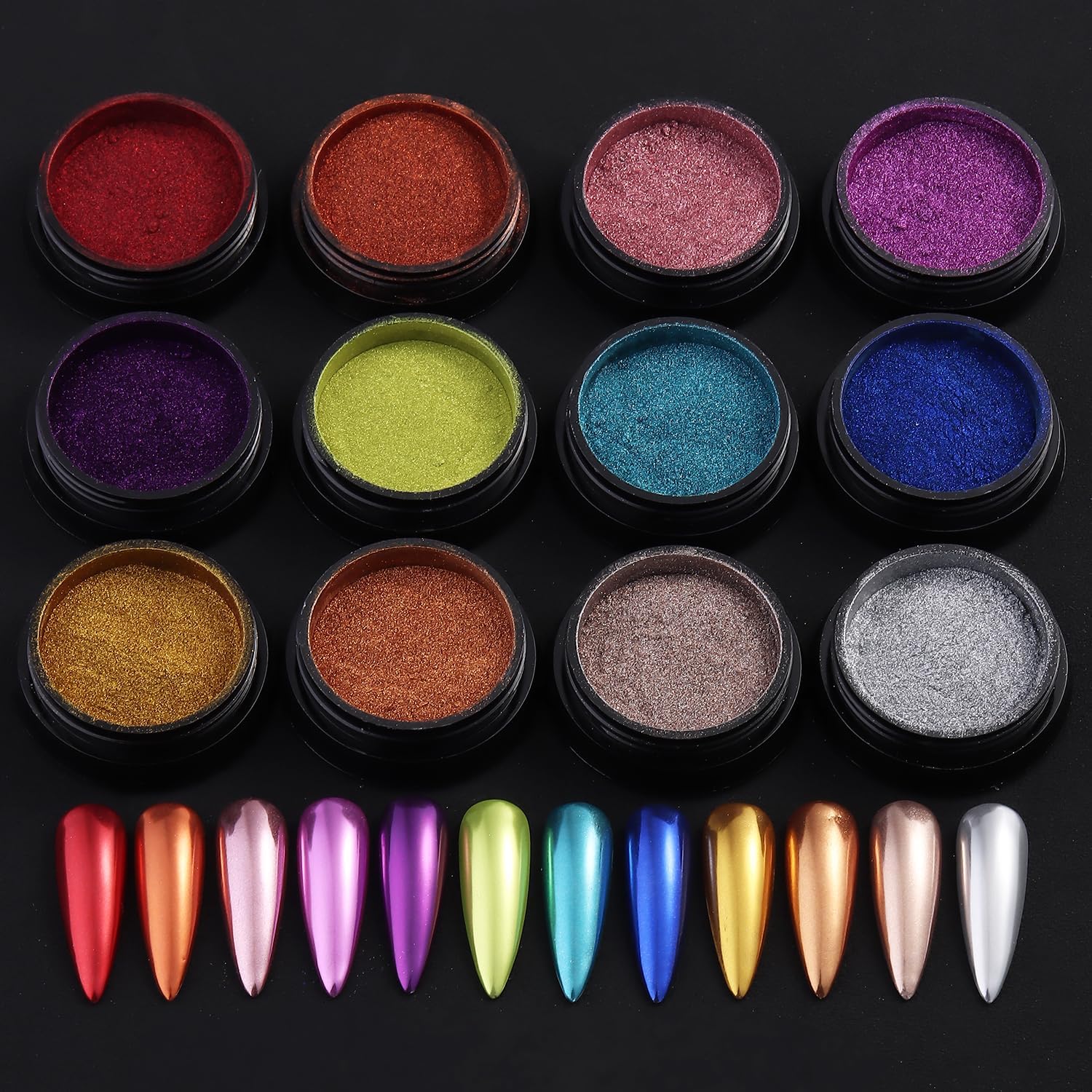 Chrome Nail Powder Set 12 Colors Gold Silver Bronze Chrome Powder for Nails Metallic Nail Glitter Red Green Blue Mirror Rub Pigment with 2PCS Extra Fine White Sugar Powder Nail Design-BrightBean Baby