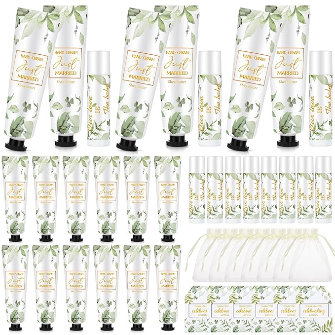 25 Set Wedding Lip Balms and Hand Cream Gift Set Include 25 Moisturizing Hand Care Cream 25 Lip Balms with Thank You Cards and Bags Bridesmaid Gift Set for Bridal Shower Wedding(Greenery)-BrightBean Baby