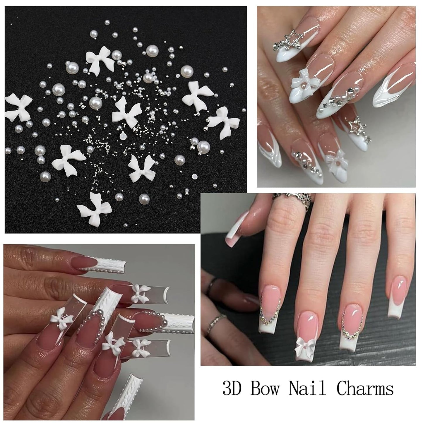 Nail Art Charms White Bow Nail Rhinestones with Glue Gel Flatback Pearls Luxurious Nails Gems Supplies Accessories White Silver Jewelry Pearls for Women Nails DIY Design-BrightBean Baby