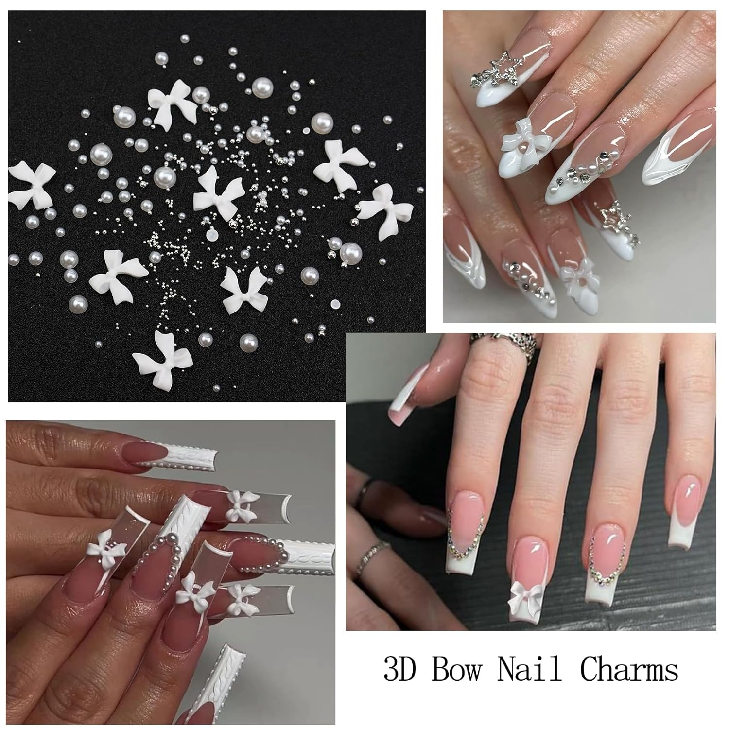 Nail Art Charms White Bow Nail Rhinestones with Glue Gel Flatback Pearls Luxurious Nails Gems Supplies Accessories White Silver Jewelry Pearls for Women Nails DIY Design-BrightBean Baby
