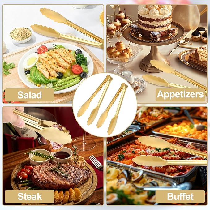 4 Pack Gold Tongs for Serving Food, 9 Inch Serving Tongs, Gold Buffet Tong Stainless Steel Utensils, Metal Kitchen Tong for Salad, Steak, Appetizer, Snack and Small Food (GOLD, 9INCH)