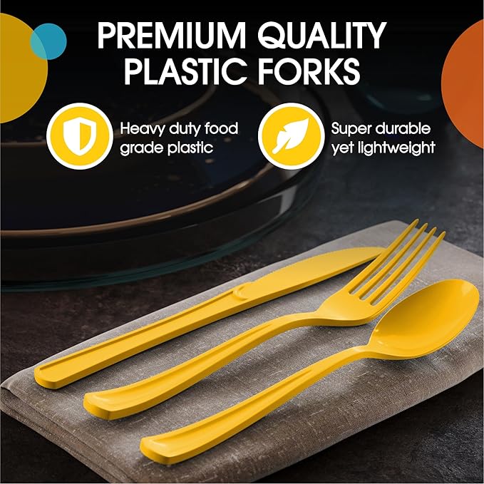 Party Solids Yellow Plastic Silverware Heavy Duty 300 Pieces Yellow Plastic Cutlery Sets, Utensil Sets, 100 Of Each Forks, Knives & Spoons Disposable Cutlery Set, Flatware Set For Party Supplies