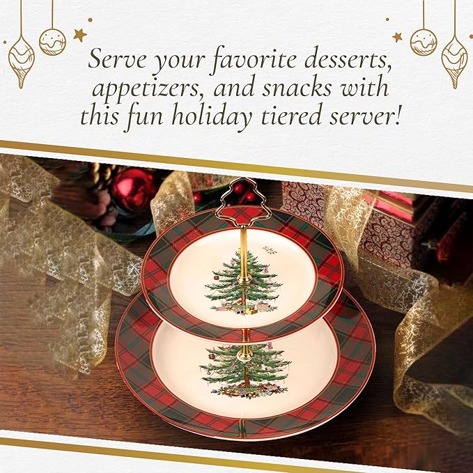 Spode Christmas Tree Tartan 2-Tiered Server, Holiday Cupcake Stand, Dessert Display Set, Earthenware Serving Platter, 10" & 8" Plates, Dishwasher Safe Serveware for Appetizers, Desserts, Cookies