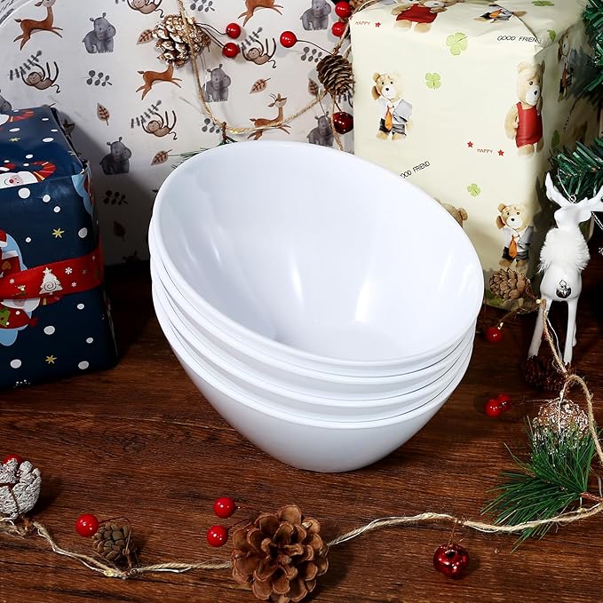 TP Salad Bowls Set of 4, 26 oz Melamine Serving Bowls for Pasta, Cereal, and Snacks, Lightweight and Durable, Dishwasher Safe, White Bowls for Restaurant, Kitchen, Daily Use