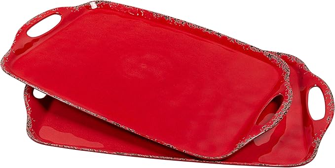 Christmas Large Melamine Serving Tray with Handle, Crackled Rustic Rectangle Melamine Serving Platter for Serving Food, Coffee Table Tray, Entertaining & Party Use, Set of 2, Christmas Red
