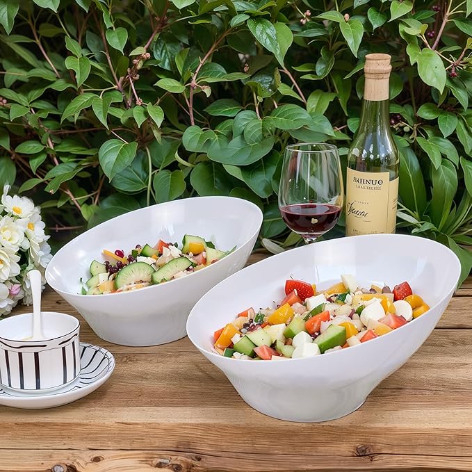 bUCLA 12 Pack White Plastic Serving Bowls - 54 OZ Angled Table Salad and Fruit Bowls Disposable for Chip&Candy - Ideal for Party & Wedding