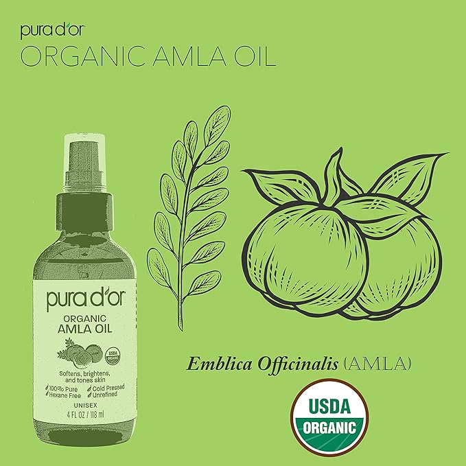 PURA D'OR Organic Amla Oil (4oz / 118mL) 100% Pure USDA Certified Premium Grade Natural Moisturizer, Cold Pressed, Hexane-Free Base Carrier for DIY Skin Care Men & Women, Pack of 1, 0.5 pounds-BrightBean Baby